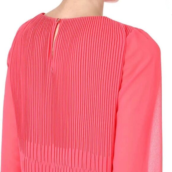 Ted Baker Women Gyda Blouse Sz 1 US 4 Neon Coral Pink Pleated Chiffon 3/4 Sleeve - Picture 3 of 16